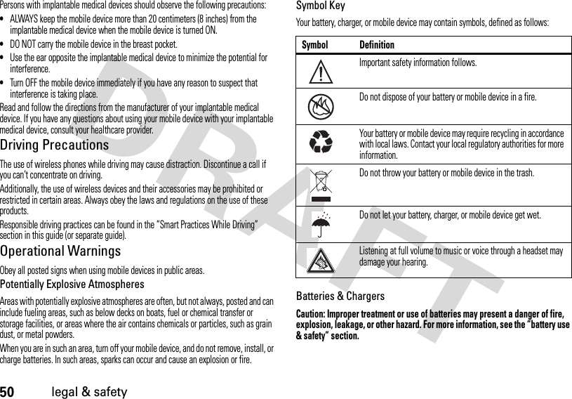 50legal &amp; safetyPersons with implantable medical devices should observe the following precautions:•ALWAYS keep the mobile device more than 20 centimeters (8 inches) from the implantable medical device when the mobile device is turned ON.•DO NOT carry the mobile device in the breast pocket.•Use the ear opposite the implantable medical device to minimize the potential for interference.•Turn OFF the mobile device immediately if you have any reason to suspect that interference is taking place.Read and follow the directions from the manufacturer of your implantable medical device. If you have any questions about using your mobile device with your implantable medical device, consult your healthcare provider.Driving PrecautionsThe use of wireless phones while driving may cause distraction. Discontinue a call if you can’t concentrate on driving.Additionally, the use of wireless devices and their accessories may be prohibited or restricted in certain areas. Always obey the laws and regulations on the use of these products.Responsible driving practices can be found in the “Smart Practices While Driving” section in this guide (or separate guide).Operational WarningsObey all posted signs when using mobile devices in public areas.Potentially Explosive AtmospheresAreas with potentially explosive atmospheres are often, but not always, posted and can include fueling areas, such as below decks on boats, fuel or chemical transfer or storage facilities, or areas where the air contains chemicals or particles, such as grain dust, or metal powders.When you are in such an area, turn off your mobile device, and do not remove, install, or charge batteries. In such areas, sparks can occur and cause an explosion or fire.Symbol KeyYour battery, charger, or mobile device may contain symbols, defined as follows:Batteries &amp; ChargersCaution: Improper treatment or use of batteries may present a danger of fire, explosion, leakage, or other hazard. For more information, see the “battery use &amp; safety” section.Symbol DefinitionImportant safety information follows.Do not dispose of your battery or mobile device in a fire.Your battery or mobile device may require recycling in accordance with local laws. Contact your local regulatory authorities for more information.Do not throw your battery or mobile device in the trash.Do not let your battery, charger, or mobile device get wet.Listening at full volume to music or voice through a headset may damage your hearing.032374o032376o032375o