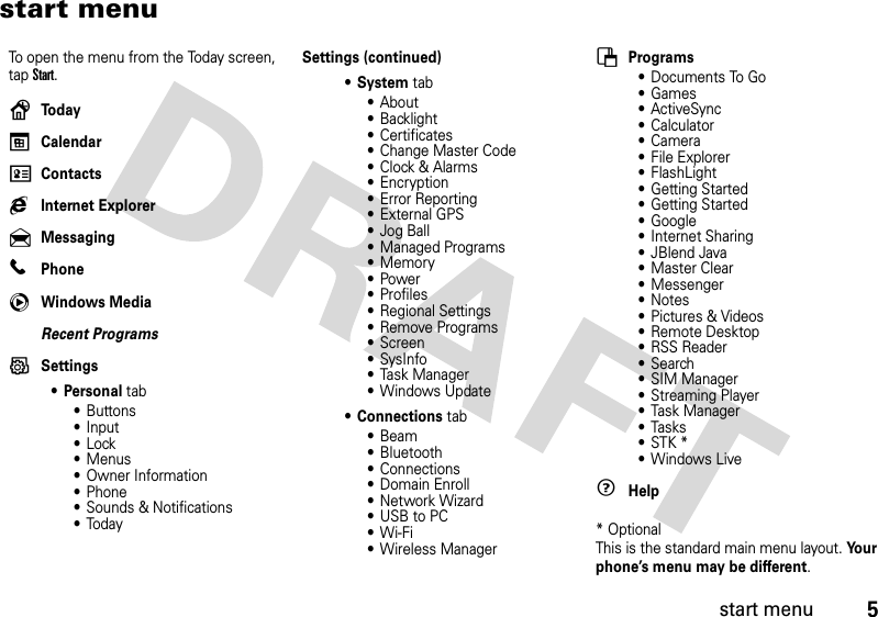 5start menustart menuTo open the menu from the Today screen, tap Start.éTodayêCalendarëContactsgInternet Explorer&amp;MessaginglPhonecWindows MediaRecent ProgramsíSettings•Personal tab•Buttons• Input•Lock• Menus• Owner Information• Phone• Sounds &amp; Notifications• TodaySettings (continued)•System tab• About• Backlight• Certificates• Change Master Code•Clock &amp; Alarms•Encryption• Error Reporting•External GPS•Jog Ball• Managed Programs•Memory•Power• Profiles• Regional Settings• Remove Programs•Screen•SysInfo• Task Manager• Windows Update•Connections tab•Beam• Bluetooth• Connections• Domain Enroll• Network Wizard• USB to PC•Wi-Fi• Wireless ManagerìPrograms• Documents To Go•Games•ActiveSync•Calculator•Camera• File Explorer• FlashLight• Getting Started• Getting Started• Google• Internet Sharing• JBlend Java• Master Clear• Messenger• Notes• Pictures &amp; Videos• Remote Desktop• RSS Reader•Search•SIM Manager• Streaming Player• Task Manager• Tasks•STK *• Windows Live4Help                                                                                                                                                                                            * OptionalThis is the standard main menu layout. Your phone’s menu may be different.