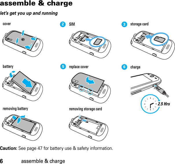 6assemble &amp; chargeassemble &amp; chargelet’s get you up and runningCaution: See page 47 for battery use &amp; safety information.23562.5 Hrscover SIM storage cardbattery replace cover chargeremoving battery removing storage card