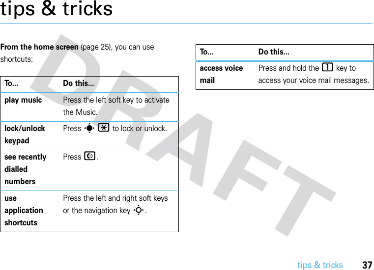 37tips &amp; trickstips &amp; tricksFrom the home screen (page 25), you can use shortcuts:To... Do this...play musicPress the left soft key to activate the Music.lock/unlock keypadPress s* to lock or unlock.see recently dialled numbersPress N.use application shortcutsPress the left and right soft keys or the navigation keyS.access voice mailPress and hold the 1 key to access your voice mail messages.To... Do this...