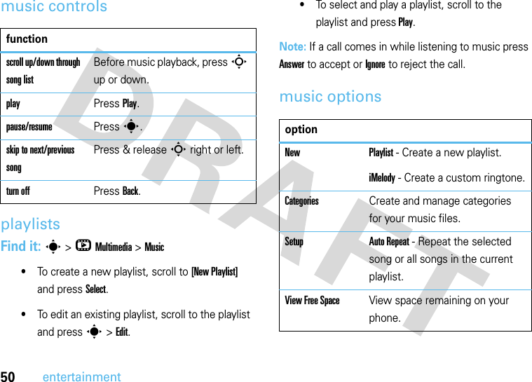 50entertainmentmusic controlsplaylistsFind it: s &gt;hMultimedia &gt;Music •To create a new playlist, scroll to [New Playlist] and press Select.•To edit an existing playlist, scroll to the playlist and press s &gt; Edit.•To select and play a playlist, scroll to the playlist and press Play.Note: If a call comes in while listening to music press Answer to accept or Ignore to reject the call.music optionsfunctionscroll up/down through song listBefore music playback, press S up or down.playPress Play.pause/resumePress s. skip to next/previous songPress &amp; release S right or left.turn offPress Back.optionNew Playlist - Create a new playlist.iMelody - Create a custom ringtone.CategoriesCreate and manage categories for your music files.Setup Auto Repeat - Repeat the selected song or all songs in the current playlist.View Free SpaceView space remaining on your phone.