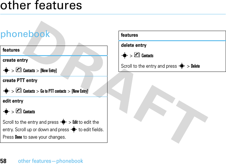 58other features—phonebookother featuresphonebookfeaturescreate entrys &gt;nContacts &gt;[New Entry]create PTT entrys &gt;nContacts &gt; Go to PTT contacts &gt;[New Entry]edit entrys&gt;nContactsScroll to the entry and press s &gt; Edit to edit the entry. Scroll up or down and press s to edit fields. Press Done to save your changes.delete entrys&gt;nContactsScroll to the entry and press s &gt; Delete features