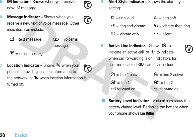 20basics5IM Indicator – Shows when you receive a new IM message.6Message Indicator – Shows when you receive a new text or voice message. Other indicators can include:7Location Indicator – Shows P when your phone is providing location information to the network, or Q when location information is turned off.8Alert Style Indicator – Shows the alert style setting:9Active Line Indicator – Shows B to indicate an active call, or E to indicate when call forwarding is on. Indicators for dual-line-enabled SIM cards can include:10 Battery Level Indicator – Vertical bars show the battery charge level. Recharge the battery when your phone shows Low Battery.]= text message(= voicemail messageV= email messageN= ring loudN= ring softK= ring and vibrateI= vibrate then ringH= vibrate onlyJ= silentG= line 1 activeF= line 2 activeD= line 1 call forward onC= line 2 call forward on