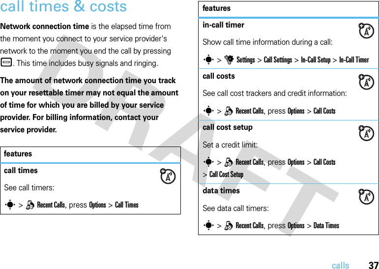 37callscall times &amp; costsNetwork connection time is the elapsed time from the moment you connect to your service provider&apos;s network to the moment you end the call by pressing –. This time includes busy signals and ringing.The amount of network connection time you track on your resettable timer may not equal the amount of time for which you are billed by your service provider. For billing information, contact your service provider.featurescall timesSee call timers:s &gt;qRecent Calls, press Options &gt;Call Timesin-call timerShow call time information during a call:s &gt;uSettings &gt;Call Settings &gt;In-Call Setup &gt;In-Call Timercall costsSee call cost trackers and credit information:s &gt;qRecent Calls, press Options &gt;Call Costscall cost setupSet a credit limit:s &gt;qRecent Calls, press Options &gt;Call Costs &gt;Call Cost Setupdata timesSee data call timers:s &gt;qRecent Calls, press Options &gt;DataTimesfeatures