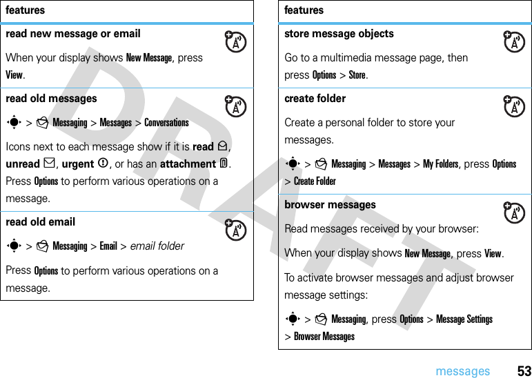 53messagesread new message or emailWhen your display shows New Message, press View.read old messagess &gt;gMessaging &gt;Messages &gt;ConversationsIcons next to each message show if it is read&gt;, unread], urgent&lt;, or has an attachment*. Press Options to perform various operations on a message.read old emails &gt;gMessaging &gt;Email &gt; email folderPress Options to perform various operations on a message.featuresstore message objectsGo to a multimedia message page, then press Options&gt;Store.create folderCreate a personal folder to store your messages.s &gt;gMessaging &gt;Messages &gt;My Folders, press Options &gt;Create Folderbrowser messagesRead messages received by your browser:When your display shows New Message, press View.To activate browser messages and adjust browser message settings:s &gt;gMessaging, press Options &gt;Message Settings &gt;Browser Messagesfeatures