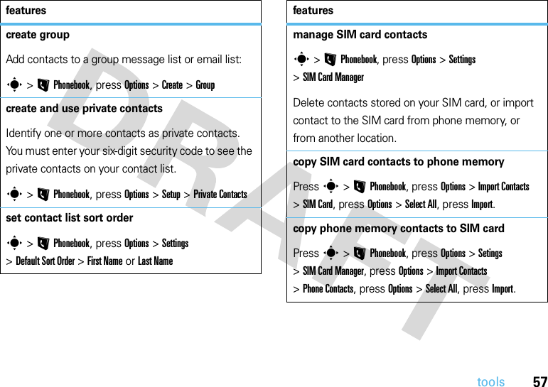 57toolscreate groupAdd contacts to a group message list or email list:s &gt;LPhonebook, press Options &gt;Create &gt;Groupcreate and use private contactsIdentify one or more contacts as private contacts. You must enter your six-digit security code to see the private contacts on your contact list.s &gt;LPhonebook, press Options &gt;Setup &gt;Private Contactsset contact list sort orders &gt;LPhonebook, press Options &gt;Settings &gt;Default Sort Order &gt;First Name or Last Namefeaturesmanage SIM card contactss &gt;LPhonebook, press Options &gt;Settings &gt;SIM Card ManagerDelete contacts stored on your SIM card, or import contact to the SIM card from phone memory, or from another location.copy SIM card contacts to phone memoryPress s &gt;LPhonebook, press Options &gt;Import Contacts &gt;SIM Card, press Options &gt;Select All, press Import.copy phone memory contacts to SIM cardPress s &gt;LPhonebook, press Options &gt;Setings &gt;SIM Card Manager, press Options &gt;Import Contacts &gt;Phone Contacts, press Options &gt;Select All, press Import.features