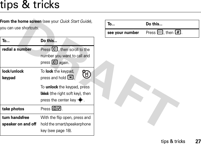 27tips &amp; trickstips &amp; tricksFrom the home screen (see your Quick Start Guide), you can use shortcuts:To... Do this...redial a numberPress N, then scroll to the number you want to call and press N again. lock/unlock keypadTo  lock the keypad, press and hold*.To  unlock the keypad, press Unlock (the right soft key), then press the center keys.take photosPress b.turn handsfree speaker on and offWith the flip open, press and hold the smart/speakerphone key (see page 18).see your numberPress Ò, then#.To... Do this...