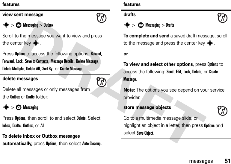 51messagesview sent messages&gt;ÖMessaging &gt;OutboxScroll to the message you want to view and press the center keys.Press Options to access the following options: Resend, Forward, Lock, Save to Contacts, Message Details, Delete Message, Delete Multiple, Delete All, Sort By, or Create Message.delete messagesDelete all messages or only messages from the Outbox or Drafts folder:s &gt;ÖMessagingPress Options, then scroll to and select Delete. Select Inbox, Drafts, Outbox, or All.To delete Inbox or Outbox messages automatically, press Options, then select Auto Cleanup.featuresdrafts s &gt; ÖMessaging &gt;DraftsTo complete and send a saved draft message, scroll to the message and press the center keys.orTo view and select other options, press Options to access the following: Send, Edit, Lock, Delete, or Create Message.Note: The options you see depend on your service provider.store message objectsGo to a multimedia message slide, or highlight an object in a letter, then press Options and select Save Object.features