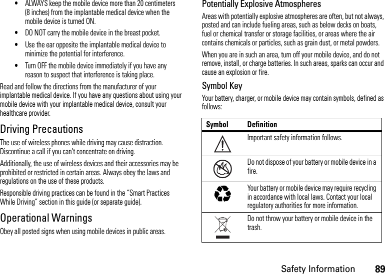 89Safety Information•ALWAYS keep the mobile device more than 20 centimeters (8 inches) from the implantable medical device when the mobile device is turned ON.•DO NOT carry the mobile device in the breast pocket.•Use the ear opposite the implantable medical device to minimize the potential for interference.•Turn OFF the mobile device immediately if you have any reason to suspect that interference is taking place.Read and follow the directions from the manufacturer of your implantable medical device. If you have any questions about using your mobile device with your implantable medical device, consult your healthcare provider.Driving PrecautionsThe use of wireless phones while driving may cause distraction. Discontinue a call if you can’t concentrate on driving.Additionally, the use of wireless devices and their accessories may be prohibited or restricted in certain areas. Always obey the laws and regulations on the use of these products.Responsible driving practices can be found in the “Smart Practices While Driving” section in this guide (or separate guide).Operational WarningsObey all posted signs when using mobile devices in public areas.Potentially Explosive AtmospheresAreas with potentially explosive atmospheres are often, but not always, posted and can include fueling areas, such as below decks on boats, fuel or chemical transfer or storage facilities, or areas where the air contains chemicals or particles, such as grain dust, or metal powders.When you are in such an area, turn off your mobile device, and do not remove, install, or charge batteries. In such areas, sparks can occur and cause an explosion or fire.Symbol KeyYour battery, charger, or mobile device may contain symbols, defined as follows:Symbol DefinitionImportant safety information follows.Do not dispose of your battery or mobile device in a fire.Your battery or mobile device may require recycling in accordance with local laws. Contact your local regulatory authorities for more information.Do not throw your battery or mobile device in the trash.032374o032376o032375o