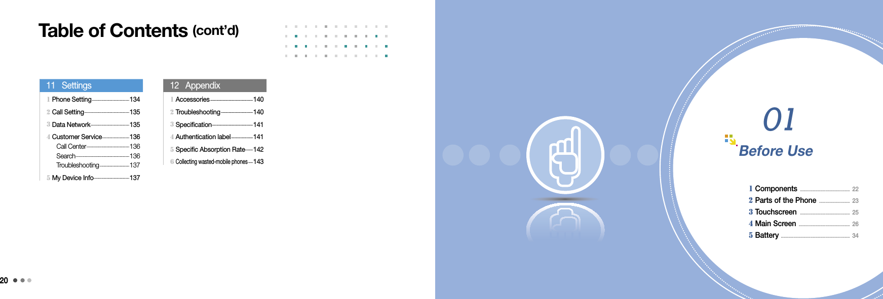 20Before Use  1 Components  .......................................  22             2 Parts of the Phone  ........................  23       3 Touchscreen  .......................................  25      4 Main Screen  ........................................  26       5 Battery  ......................................................  3401  1 Accessories ....................................................... 140     2 Troubleshooting .........................................140     3 Specification .....................................................141  4 Authentication label ............................141  5 Specific Absorption Rate .......... 142  6 Collecting wasted-mobile phones ......143  1 Phone Setting ................................................134     2 Call Setting ..........................................................135     3 Data Network ..................................................135  4 Customer Service ...................................136  Call Center .......................................................136       Search .....................................................................136  Troubleshooting ......................................137  5 My Device Info .............................................. 137   11   Settings    12   AppendixTable of Contents (cont’d)