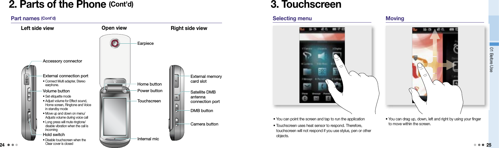 2401 Before Use 252. Parts of the Phone (Cont’d)Left side view Right side viewOpen viewPart names (Cont’d) TouchscreenInternal micEarpieceHome buttonPower buttonExternal connection port•  Connect Multi adapter, Stereo earphone.Volume button•  Set etiquette mode•  Adjust volume for Effect sound, Home screen, Ringtone and Voice in standby mode•  Move up and down on menu/Adjusts volume during voice call•  Long press will mute ringtone/disable vibration when the call is incomingHold switch•  Disable touchscreen when the Clear cover is closedAccessory connectorExternal memory card slotCamera buttonDMB button3. TouchscreenSelecting menu Moving•  You can point the screen and tap to run the application•  Touchscreen uses heat sensor to respond. Therefore, touchscreen will not respond if you use stylus, pen or other objects. •  You can drag up, down, left and right by using your finger to move within the screen.Satellite DMB antenna connection port