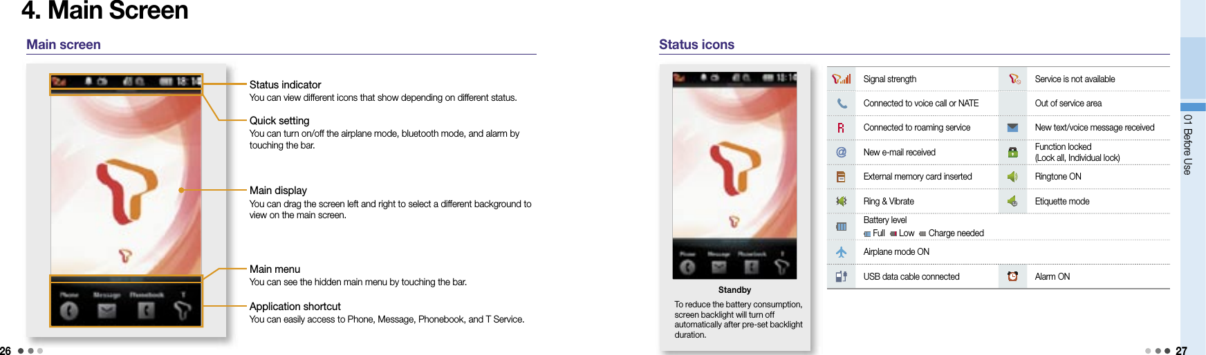 2601 Before Use 274. Main ScreenMain screenSignal strength      Service is not available    Connected to voice call or NATE Out of service areaConnected to roaming service New text/voice message receivedNew e-mail received Function locked(Lock all, Individual lock)External memory card inserted Ringtone ONRing &amp; Vibrate Etiquette modeBattery level Full    Low    Charge neededAirplane mode ONUSB data cable connected Alarm ONStatus iconsTo reduce the battery consumption, screen backlight will turn off automatically after pre-set backlight duration.StandbyStatus indicatorYou can view different icons that show depending on different status.Quick settingYou can turn on/off the airplane mode, bluetooth mode, and alarm by touching the bar.Main displayYou can drag the screen left and right to select a different background to view on the main screen. Main menuYou can see the hidden main menu by touching the bar. Application shortcutYou can easily access to Phone, Message, Phonebook, and T Service.