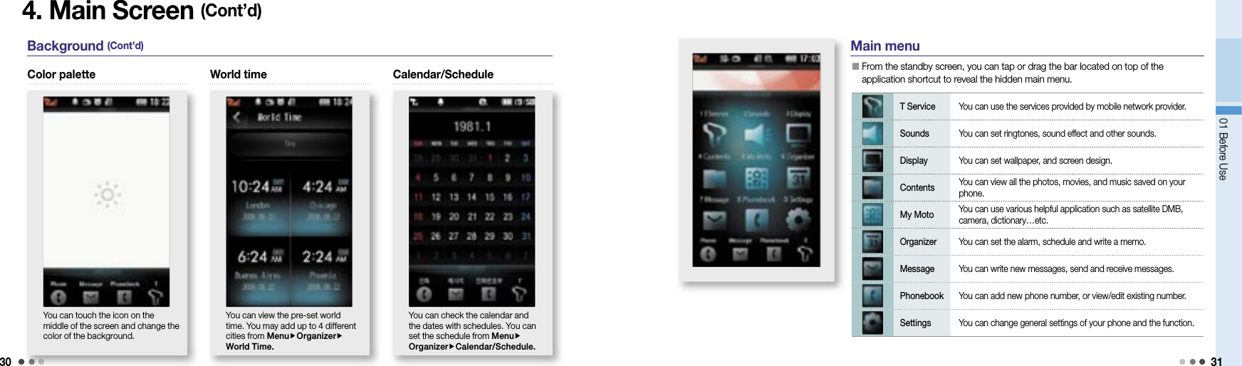 3001 Before Use 314. Main Screen (Cont’d)Background (Cont’d) Calendar/ScheduleYou can check the calendar and the dates with schedules. You can set the schedule from MenuOrganizerCalendar/Schedule. Color paletteYou can touch the icon on the middle of the screen and change the color of the background.World timeYou can view the pre-set world time. You may add up to 4 different cities from MenuOrganizerWorld Time.T Service You can use the services provided by mobile network provider.Sounds You can set ringtones, sound effect and other sounds. Display You can set wallpaper, and screen design.Contents You can view all the photos, movies, and music saved on your phone.My Moto You can use various helpful application such as satellite DMB, camera, dictionary…etc.Organizer You can set the alarm, schedule and write a memo.Message You can write new messages, send and receive messages.Phonebook You can add new phone number, or view/edit existing number. Settings You can change general settings of your phone and the function. Main menu  From the standby screen, you can tap or drag the bar located on top of the application shortcut to reveal the hidden main menu. 