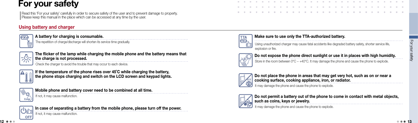 12For your safety 13Using battery and chargerThe flicker of the lamp while charging the mobile phone and the battery means that  the charge is not processed.Check the charger to avoid the trouble that may occur to each device.If the temperature of the phone rises over 45˚C while charging the battery,  the phone stops charging and switch on the LCD screen and keypad lights.For your safetyRead this ‘For your safety’ carefully in order to secure safety of the user and to prevent damage to property. Please keep this manual in the place which can be accessed at any time by the user.A battery for charging is consumable.The repetition of charge/discharge will shorten its service time gradually.Mobile phone and battery cover need to be combined at all time.If not, it may cause malfunction.In case of separating a battery from the mobile phone, please turn off the power.If not, it may cause malfunction.Make sure to use only the TTA-authorized battery.Using unauthorized charger may cause fatal accidents like degraded battery safety, shorter service life,  explosion or fire.Do not expose the phone direct sunlight or use it in places with high humidity. Store in the room between 0°C ~ +40°C. It may damage the phone and cause the phone to explode.Do not place the phone in areas that may get very hot, such as on or near a cooking surface, cooking appliance, iron, or radiator.It may damage the phone and cause the phone to explode.Do not permit a battery out of the phone to come in contact with metal objects,  such as coins, keys or jewelry.It may damage the phone and cause the phone to explode.