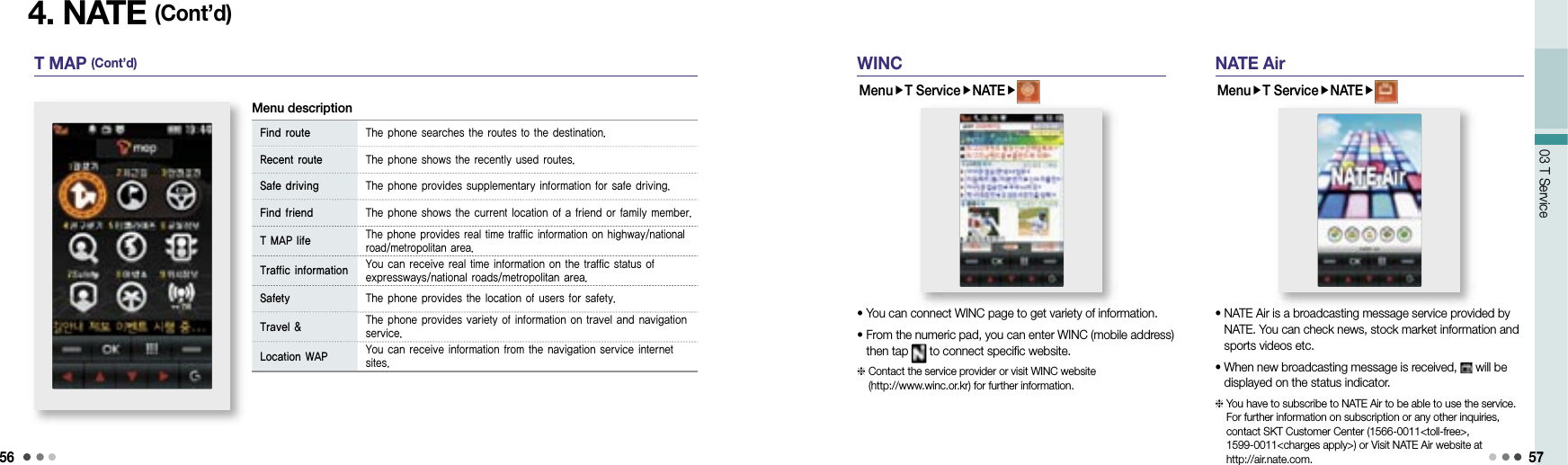 5603 T Service 57Find route The phone searches the routes to the destination.Recent route The phone shows the recently used routes.Safe driving The phone provides supplementary information for safe driving.Find friend The phone shows the current location of a friend or family member.T MAP lifeThe phone provides real time traffic information on highway/national road/metropolitan area.Traffic information You can receive real time information on the traffic status of expressways/national roads/metropolitan area.Safety The phone provides the location of users for safety.Travel &amp; The phone provides variety of information on travel and navigation service.Location WAP You can receive information from the navigation service internet sites.4. NATE (Cont’d)T MAP (Cont’d)Menu descriptionNATE AirMenuT ServiceNATE•  NATE Air is a broadcasting message service provided by NATE. You can check news, stock market information and sports videos etc. •  When new broadcasting message is received,   will be displayed on the status indicator.  You have to subscribe to NATE Air to be able to use the service. For further information on subscription or any other inquiries, contact SKT Customer Center (1566-0011&lt;toll-free&gt;, 1599-0011&lt;charges apply&gt;) or Visit NATE Air website at http://air.nate.com.WINCMenuT ServiceNATE• You can connect WINC page to get variety of information.•  From the numeric pad, you can enter WINC (mobile address) then tap   to connect specific website.  Contact the service provider or visit WINC website (http://www.winc.or.kr) for further information.