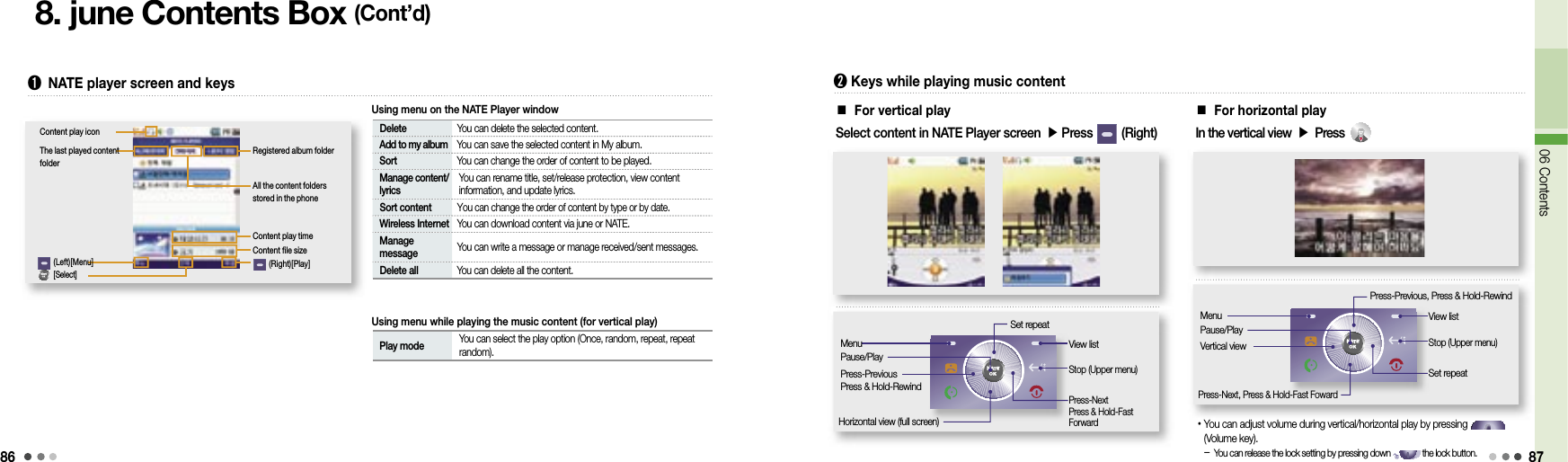 8606 Contents 878. june Contents Box (Cont’d)Registered album folderAll the content folders stored in the phoneContent play timeContent file size(Right)[Play]The last played content folder(Left)[Menu] Delete  You can delete the selected content. Add to my album  You can save the selected content in My album. Sort  You can change the order of content to be played.  Manage content/lyrics  You can rename title, set/release protection, view content information, and update lyrics. Sort content  You can change the order of content by type or by date. Wireless Internet  You can download content via june or NATE.  Manage message  You can write a message or manage received/sent messages. Delete all  You can delete all the content.➊  NATE player screen and keysContent play icon[Select] Play mode   You can select the play option (Once, random, repeat, repeat random).Using menu on the NATE Player windowUsing menu while playing the music content (for vertical play)■ For vertical play➋  Keys while playing music contentSelect content in NATE Player screen ▶ Press         (Right)Set repeatView listStop (Upper menu)Press-NextPress &amp; Hold-Fast ForwardHorizontal view (full screen)MenuPause/PlayPress-PreviousPress &amp; Hold-Rewind■ For horizontal playIn the vertical view ▶ PressPress-Previous, Press &amp; Hold-RewindView listStop (Upper menu)Set repeatPress-Next, Press &amp; Hold-Fast FowardMenuPause/PlayVertical view• You can adjust volume during vertical/horizontal play by pressing                  (Volume key).-  You can release the lock setting by pressing down               the lock button.