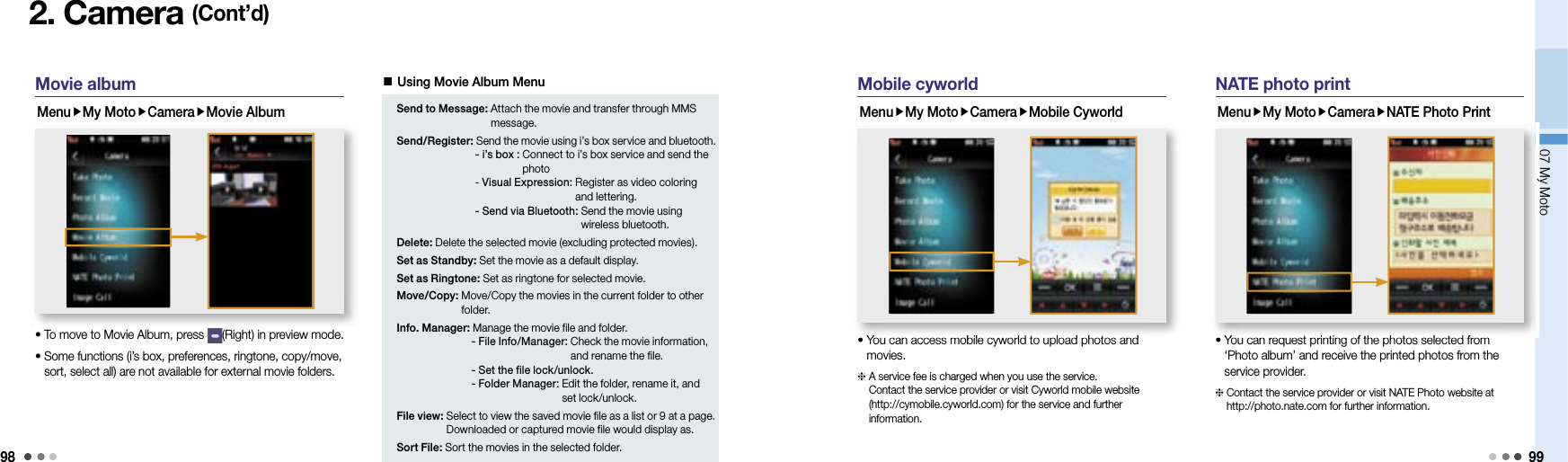 9807 My Moto 992. Camera (Cont’d)Movie albumMenuMy MotoCameraMovie Album• To move to Movie Album, press  (Right) in preview mode.•  Some functions (i’s box, preferences, ringtone, copy/move, sort, select all) are not available for external movie folders.■ Using Movie Album Menu Send to Message:  Attach the movie and transfer through MMS message.Send/Register:  Send the movie using i’s box service and bluetooth. - i’s box :  Connect to i’s box service and send the photo  - Visual Expression:  Register as video coloring and lettering. - Send via Bluetooth:  Send the movie using wireless bluetooth.Delete: Delete the selected movie (excluding protected movies).Set as Standby: Set the movie as a default display.Set as Ringtone: Set as ringtone for selected movie.Move/Copy:  Move/Copy the movies in the current folder to other folder.Info. Manager: Manage the movie file and folder. - File Info/Manager:  Check the movie information, and rename the file. - Set the file lock/unlock. - Folder Manager:  Edit the folder, rename it, and set lock/unlock.File view:  Select to view the saved movie file as a list or 9 at a page. Downloaded or captured movie file would display as.Sort File: Sort the movies in the selected folder.Mobile cyworldMenuMy MotoCameraMobile Cyworld•  You can access mobile cyworld to upload photos and movies.  A service fee is charged when you use the service. Contact the service provider or visit Cyworld mobile website (http://cymobile.cyworld.com) for the service and further information.NATE photo printMenuMy MotoCameraNATE Photo Print•  You can request printing of the photos selected from ‘Photo album’ and receive the printed photos from the service provider.  Contact the service provider or visit NATE Photo website at http://photo.nate.com for further information.07 My Moto07 My Moto•  You can request printing of the photos selected from •  You can access mobile cyworld to upload photos and 