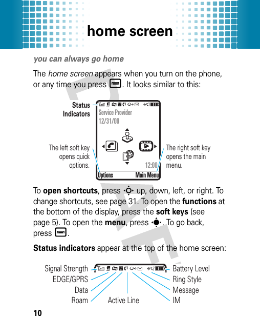 home screen10home screenyou can always go homeThe home screen appears when you turn on the phone, or any time you pressé. It looks similar to this:To open shortcuts, press S up, down, left, or right. To change shortcuts, see page 31. To open the functions at the bottom of the display, press the soft keys (see page 5). To open the menu, press s. To go back, pressé.Status indicators appear at the top of the home screen:Service Provider12/31/09                                  12:00Options Main MenuStatus IndicatorsThe right soft key opens the main menu.The left soft key opens quick options.Active LineMessageIMRing StyleBattery LevelRoamDataEDGE/GPRSSignal Strength