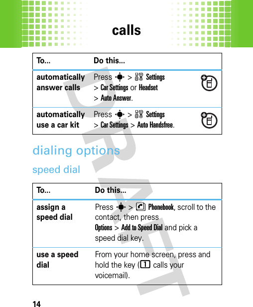 calls14dialing optionsspeed dialautomatically answer callsPresss&gt;wSettings &gt;Car Settings or Headset &gt;Auto Answer.automatically use a car kit Presss&gt;wSettings &gt;Car Settings &gt;Auto Handsfree.To... Do this...assign a speed dial Presss &gt;nPhonebook, scroll to the contact, then press Options&gt;Add to Speed Dial and pick a speed dial key.use a speed dialFrom your home screen, press and hold the key (1calls your voicemail).To... Do this...