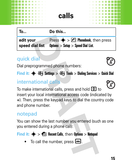 calls15quick dialDial preprogrammed phone numbers:Find it: sÉSettings&gt;ÉTools &gt;Dialing Services &gt;Quick Dialinternational callsTo make international calls, press and hold 0 to insert your local international access code (indicated by +). Then, press the keypad keys to dial the country code and phone number.notepadYou can show the last number you entered (such as one you entered during a phone call):Find it: s&gt;sRecent Calls, then Options &gt;Notepad•To call the number, press è.edit your speed dial listPresss&gt;nPhonebook, then press Options&gt;Setup&gt;Speed Dial List.To... Do this...