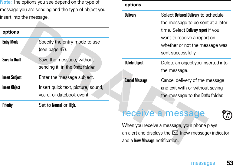 53messagesNote: The options you see depend on the type of message you are sending and the type of object you insert into the message.receive a messageWhen you receive a message, your phone plays an alert and displays the &lt; (new message) indicator and a New Message notification.optionsEntry ModeSpecify the entry mode to use (see page 47).Save to DraftSave the message, without sending it, in the Drafts folder.Insert SubjectEnter the message subject.Insert ObjectInsert quick text, picture, sound, vcard, or datebook event.PrioritySet to Normal or High.DeliverySelect Deferred Delivery to schedule the message to be sent at a later time. Select Delivery report if you want to receive a report on whether or not the message was sent successfully.Delete ObjectDelete an object you inserted into the message.Cancel MessageCancel delivery of the message and exit with or without saving the message to the Drafts folder.options