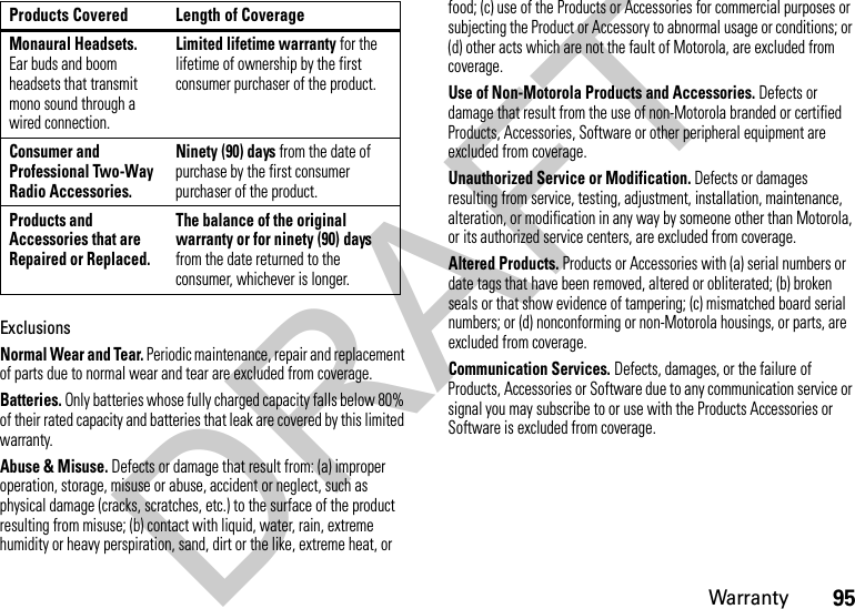 95WarrantyExclusionsNormal Wear and Tear. Periodic maintenance, repair and replacement of parts due to normal wear and tear are excluded from coverage.Batteries. Only batteries whose fully charged capacity falls below 80% of their rated capacity and batteries that leak are covered by this limited warranty.Abuse &amp; Misuse. Defects or damage that result from: (a) improper operation, storage, misuse or abuse, accident or neglect, such as physical damage (cracks, scratches, etc.) to the surface of the product resulting from misuse; (b) contact with liquid, water, rain, extreme humidity or heavy perspiration, sand, dirt or the like, extreme heat, or food; (c) use of the Products or Accessories for commercial purposes or subjecting the Product or Accessory to abnormal usage or conditions; or (d) other acts which are not the fault of Motorola, are excluded from coverage.Use of Non-Motorola Products and Accessories. Defects or damage that result from the use of non-Motorola branded or certified Products, Accessories, Software or other peripheral equipment are excluded from coverage.Unauthorized Service or Modification. Defects or damages resulting from service, testing, adjustment, installation, maintenance, alteration, or modification in any way by someone other than Motorola, or its authorized service centers, are excluded from coverage.Altered Products. Products or Accessories with (a) serial numbers or date tags that have been removed, altered or obliterated; (b) broken seals or that show evidence of tampering; (c) mismatched board serial numbers; or (d) nonconforming or non-Motorola housings, or parts, are excluded from coverage.Communication Services. Defects, damages, or the failure of Products, Accessories or Software due to any communication service or signal you may subscribe to or use with the Products Accessories or Software is excluded from coverage.Monaural Headsets. Ear buds and boom headsets that transmit mono sound through a wired connection.Limited lifetime warranty for the lifetime of ownership by the first consumer purchaser of the product.Consumer and Professional Two-Way Radio Accessories.Ninety (90) days from the date of purchase by the first consumer purchaser of the product.Products and Accessories that are Repaired or Replaced.The balance of the original warranty or for ninety (90) days from the date returned to the consumer, whichever is longer.Products Covered Length of CoverageDRAFT