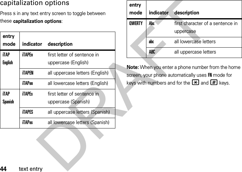 44text entrycapitalization optionsPress s in any text entry screen to toggle between these capitalization options:Note: When you enter a phone number from the home screen, your phone automatically uses FN mode for keys with numbers and for the * and # keys.entry mode indicator descriptioniTAP EnglishiTAPEnfirst letter of sentence in uppercase (English)iTAPENall uppercase letters (English)iTAPenall lowercase letters (English)iTAP SpanishiTAPEsfirst letter of sentence in uppercase (Spanish)iTAPESall uppercase letters (Spanish)iTAPesall lowercase letters (Spanish)QWERTY Abcfirst character of a sentence in uppercaseabcall lowercase lettersABCall uppercase lettersentry mode indicator descriptionDRAFT