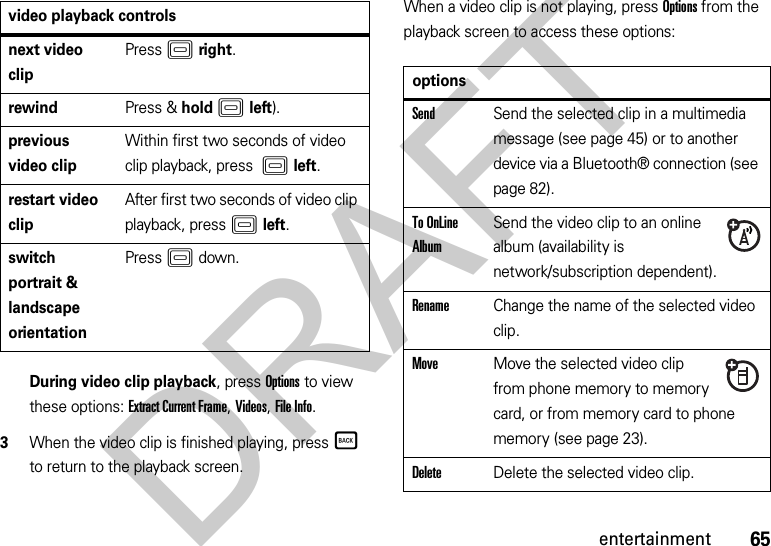 65entertainmentDuring video clip playback, press Options to view these options: Extract Current Frame, Videos, File Info.3When the video clip is finished playing, pressÒ to return to the playback screen.When a video clip is not playing, press Options from the playback screen to access these options:next video clipPressKright.rewindPress &amp; holdKleft).previous video clipWithin first two seconds of video clip playback, press Kleft.restart video clipAfter first two seconds of video clip playback, pressKleft.switch portrait &amp; landscape orientationPress K down.video playback controlsoptionsSendSend the selected clip in a multimedia message (see page 45) or to another device via a Bluetooth® connection (see page 82).To OnLine AlbumSend the video clip to an online album (availability is network/subscription dependent).RenameChange the name of the selected video clip.MoveMove the selected video clip from phone memory to memory card, or from memory card to phone memory (see page 23).DeleteDelete the selected video clip.DRAFT