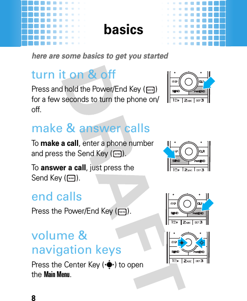 basics8basic shere are some basics to get you startedturn it on &amp; offPress and hold the Power/End Key ( ) for a few seconds to turn the phone on/off.make &amp; answer callsTo  make a call, enter a phone number and press the Send Key ( ). To  answer a call, just press the Send Key ( ). end callsPress the Power/End Key ( ).volume &amp; navigation keysPress the Center Key (s) to open the Main Menu.