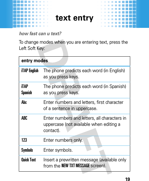 text entry19text entryhow fast can u text?To change modes when you are entering text, press the Left Soft Key:entry modesiTAP EnglishThe phone predicts each word (in English) as you press keys.iTAP SpanishThe phone predicts each word (in Spanish) as you press keys.AbcEnter numbers and letters, first character of a sentence in uppercase.ABCEnter numbers and letters, all characters in uppercase (not available when editing a contact).123Enter numbers only.SymbolsEnter symbols.Quick TextInsert a prewritten message (available only from the NEW TXT MESSAGE screen).