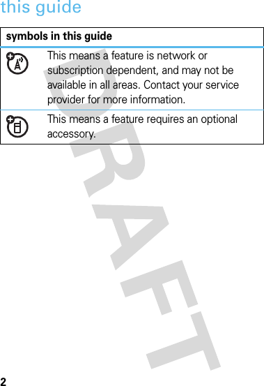 2this guidesymbols in this guideThis means a feature is network or subscription dependent, and may not be available in all areas. Contact your service provider for more information.This means a feature requires an optional accessory.