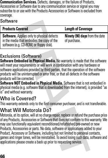 66Communication Services. Defects, damages, or the failure of Products, Accessories or Software due to any communication service or signal you may subscribe to or use with the Products Accessories or Software is excluded from coverage.SoftwareExclusions (Software)Software Embodied in Physical Media. No warranty is made that the software will meet your requirements or will work in combination with any hardware or software applications provided by third parties, that the operation of the software products will be uninterrupted or error free, or that all defects in the software products will be corrected.Software NOT Embodied in Physical Media. Software that is not embodied in physical media (e.g. software that is downloaded from the internet), is provided “as is” and without warranty.Who is Covered?This warranty extends only to the first consumer purchaser, and is not transferable.What Will Motorola Do?Motorola, at its option, will at no charge repair, replace or refund the purchase price of any Products, Accessories or Software that does not conform to this warranty. We may use functionally equivalent reconditioned/refurbished/pre-owned or new Products, Accessories or parts. No data, software or applications added to your Product, Accessory or Software, including but not limited to personal contacts, games and ringer tones, will be reinstalled. To avoid losing such data, software and applications please create a back up prior to requesting service.Products Covered Length of CoverageSoftware. Applies only to physical defects in the media that embodies the copy of the software (e.g. CD-ROM, or floppy disk).Ninety (90) days from the date of purchase.