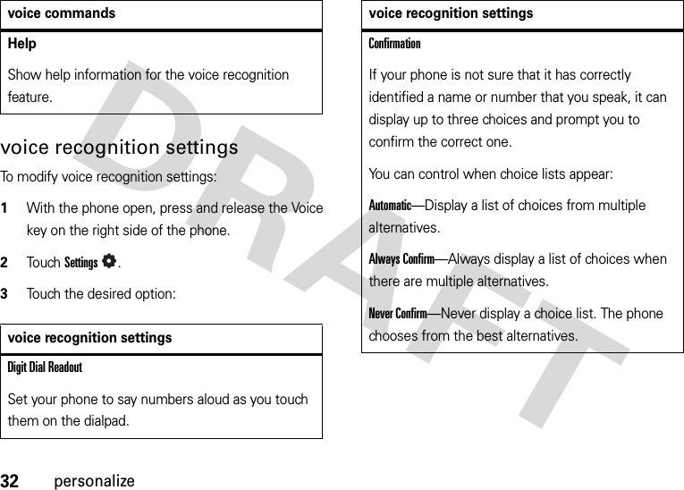 32personalizevoice recognition settingsTo modify voice recognition settings:  1With the phone open, press and release the Voice key on the right side of the phone.2To u chSettings.3Touch the desired option:HelpShow help information for the voice recognition feature.voice recognition settingsDigit Dial ReadoutSet your phone to say numbers aloud as you touch them on the dialpad.voice commandsConfirmationIf your phone is not sure that it has correctly identified a name or number that you speak, it can display up to three choices and prompt you to confirm the correct one.You can control when choice lists appear:Automatic—Display a list of choices from multiple alternatives.Always Confirm—Always display a list of choices when there are multiple alternatives.Never Confirm—Never display a choice list. The phone chooses from the best alternatives.voice recognition settings