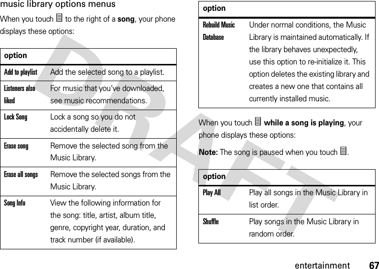 67entertainmentmusic library options menusWhen you touchÑ to the right of a song, your phone displays these options:When you touchÑ while a song is playing, your phone displays these options:Note: The song is paused when you touchÑ.optionAdd to playlistAdd the selected song to a playlist.Listeners also likedFor music that you’ve downloaded, see music recommendations.Lock SongLock a song so you do not accidentally delete it.Erase songRemove the selected song from the Music Library.Erase all songsRemove the selected songs from the Music Library.Song InfoView the following information for the song: title, artist, album title, genre, copyright year, duration, and track number (if available).Rebuild Music DatabaseUnder normal conditions, the Music Library is maintained automatically. If the library behaves unexpectedly, use this option to re-initialize it. This option deletes the existing library and creates a new one that contains all currently installed music.optionPlay AllPlay all songs in the Music Library in list order.ShufflePlay songs in the Music Library in random order.option