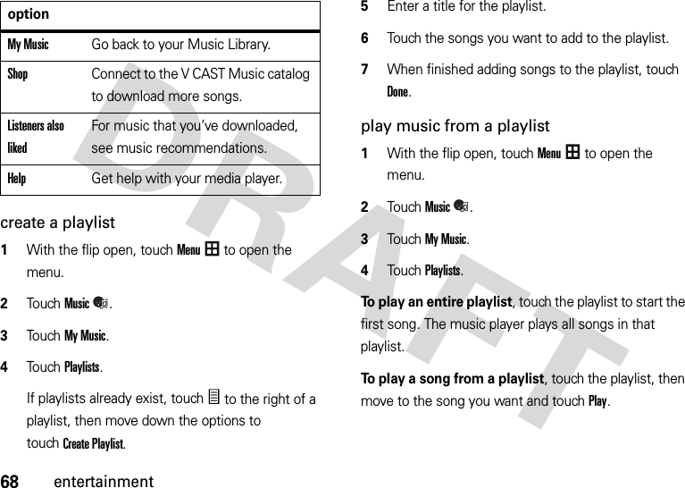 68entertainmentcreate a playlist  1With the flip open, touchMenu to open the menu.2To u chMusic.3Touch My Music.4Touch Playlists.If playlists already exist, touchÑ to the right of a playlist, then move down the options to touchCreate Playlist.5Enter a title for the playlist.6Touch the songs you want to add to the playlist.7When finished adding songs to the playlist, touch Done.play music from a playlist  1With the flip open, touchMenu to open the menu.2TouchMusic.3Touch My Music.4Touch Playlists.To play an entire playlist, touch the playlist to start the first song. The music player plays all songs in that playlist.To play a song from a playlist, touch the playlist, then move to the song you want and touch Play.My MusicGo back to your Music Library.ShopConnect to the V CAST Music catalog to download more songs.Listeners also likedFor music that you’ve downloaded, see music recommendations.HelpGet help with your media player.option