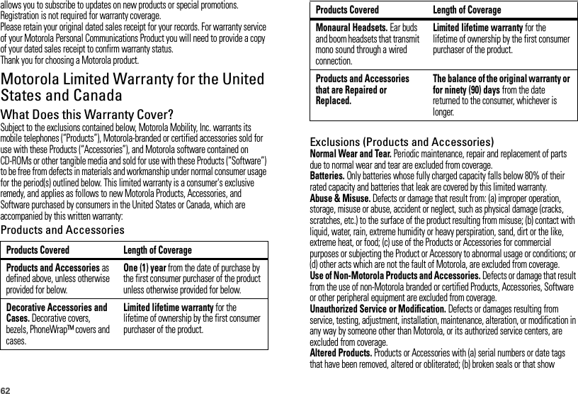 62allows you to subscribe to updates on new products or special promotions. Registration is not required for warranty coverage.Please retain your original dated sales receipt for your records. For warranty service of your Motorola Personal Communications Product you will need to provide a copy of your dated sales receipt to confirm warranty status.Thank you for choosing a Motorola product.Motorola Limited Warranty for the United States and CanadaWarrantyWhat Does this Warranty Cover?Subject to the exclusions contained below, Motorola Mobility, Inc. warrants its mobile telephones (“Products”), Motorola-branded or certified accessories sold for use with these Products (“Accessories”), and Motorola software contained on CD-ROMs or other tangible media and sold for use with these Products (“Software”) to be free from defects in materials and workmanship under normal consumer usage for the period(s) outlined below. This limited warranty is a consumer&apos;s exclusive remedy, and applies as follows to new Motorola Products, Accessories, and Software purchased by consumers in the United States or Canada, which are accompanied by this written warranty:Products and AccessoriesProducts Covered Length of CoverageProducts and Accessories as defined above, unless otherwise provided for below.One (1) year from the date of purchase by the first consumer purchaser of the product unless otherwise provided for below.Decorative Accessories and Cases. Decorative covers, bezels, PhoneWrap™ covers and cases.Limited lifetime warranty for the lifetime of ownership by the first consumer purchaser of the product.Exclusions (Products and Accessories)Normal Wear and Tear. Periodic maintenance, repair and replacement of parts due to normal wear and tear are excluded from coverage.Batteries. Only batteries whose fully charged capacity falls below 80% of their rated capacity and batteries that leak are covered by this limited warranty.Abuse &amp; Misuse. Defects or damage that result from: (a) improper operation, storage, misuse or abuse, accident or neglect, such as physical damage (cracks, scratches, etc.) to the surface of the product resulting from misuse; (b) contact with liquid, water, rain, extreme humidity or heavy perspiration, sand, dirt or the like, extreme heat, or food; (c) use of the Products or Accessories for commercial purposes or subjecting the Product or Accessory to abnormal usage or conditions; or (d) other acts which are not the fault of Motorola, are excluded from coverage.Use of Non-Motorola Products and Accessories. Defects or damage that result from the use of non-Motorola branded or certified Products, Accessories, Software or other peripheral equipment are excluded from coverage.Unauthorized Service or Modification. Defects or damages resulting from service, testing, adjustment, installation, maintenance, alteration, or modification in any way by someone other than Motorola, or its authorized service centers, are excluded from coverage.Altered Products. Products or Accessories with (a) serial numbers or date tags that have been removed, altered or obliterated; (b) broken seals or that show Monaural Headsets. Ear buds and boom headsets that transmit mono sound through a wired connection.Limited lifetime warranty for the lifetime of ownership by the first consumer purchaser of the product.Products and Accessories that are Repaired or Replaced.The balance of the original warranty or for ninety (90) days from the date returned to the consumer, whichever is longer.Products Covered Length of Coverage