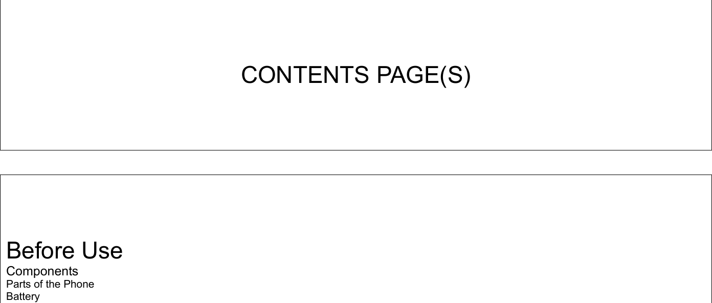       CONTENTS PAGE(S)              Before Use Components Parts of the Phone Battery  
