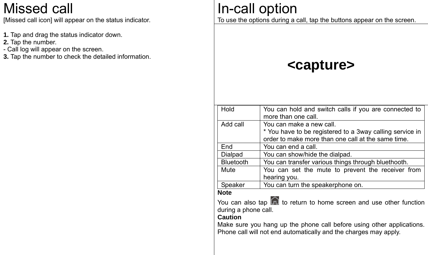  In-call option To use the options during a call, tap the buttons appear on the screen.     &lt;capture&gt;   Missed call [Missed call icon] will appear on the status indicator.    1. Tap and drag the status indicator down.   2. Tap the number.   - Call log will appear on the screen.   3. Tap the number to check the detailed information. Hold You can hold and switch calls if you are connected to more than one call. Add call  You can make a new call. * You have to be registered to a 3way calling service in order to make more than one call at the same time.   End  You can end a call. Dialpad  You can show/hide the dialpad. Bluetooth  You can transfer various things through bluethooth. Mute  You can set the mute to prevent the receiver from hearing you.   Speaker  You can turn the speakerphone on. Note You can also tap   to return to home screen and use other function during a phone call.   Caution Make sure you hang up the phone call before using other applications. Phone call will not end automatically and the charges may apply.     