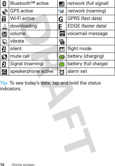 18 Home screenTip: To see today’s date, tap and hold the status indicators.Bluetooth™ active  network (full signal)GPS active network (roaming)Wi-Fi active GPRS (fast data)downloading  EDGE (faster data)volume voicemail messagevibrate silent flight modemute call battery (charging)Signal (roaming) battery (full charge)speakerphone active alarm set 