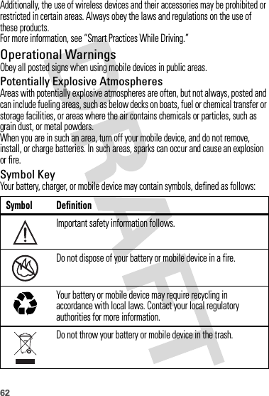 62Additionally, the use of wireless devices and their accessories may be prohibited or restricted in certain areas. Always obey the laws and regulations on the use of these products.For more information, see “Smart Practices While Driving.”Operational WarningsObey all posted signs when using mobile devices in public areas.Potentially Explosive AtmospheresAreas with potentially explosive atmospheres are often, but not always, posted and can include fueling areas, such as below decks on boats, fuel or chemical transfer or storage facilities, or areas where the air contains chemicals or particles, such as grain dust, or metal powders.When you are in such an area, turn off your mobile device, and do not remove, install, or charge batteries. In such areas, sparks can occur and cause an explosion or fire.Symbol KeyYour battery, charger, or mobile device may contain symbols, defined as follows:Symbol DefinitionImportant safety information follows.Do not dispose of your battery or mobile device in a fire.Your battery or mobile device may require recycling in accordance with local laws. Contact your local regulatory authorities for more information.Do not throw your battery or mobile device in the trash.032374o032376o032375o