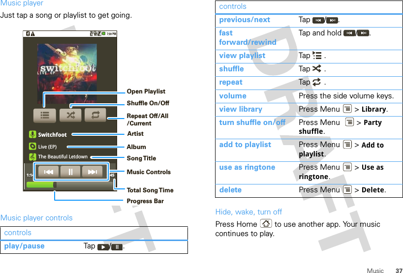 37MusicMusic playerJust tap a song or playlist to get going.Music player controlscontrolsplay/pause Tap / .SwitchfootLive (EP)The Beautiful Letdown1:14 3:45Open PlaylistShuffle On/OffRepeat Off/All/CurrentArtistAlbumSong T itleMusic ControlsTo t al Song T imeProgress BarHide, wake, turn offPress Home  to use another app. Your music continues to play.previous/next Tap / .fast forward/rewindTap and hold  / .view playlist Tap .shuffle Tap  .repeat Tap .volume Press the side volume keys.view library Press Menu  &gt; Library.turn shuffle on/off Press Menu    &gt; Party shuffle.add to playlist Press Menu  &gt; Add to playlist.use as ringtone Press Menu  &gt; Use as ringtone.delete Press Menu  &gt; Delete.controls