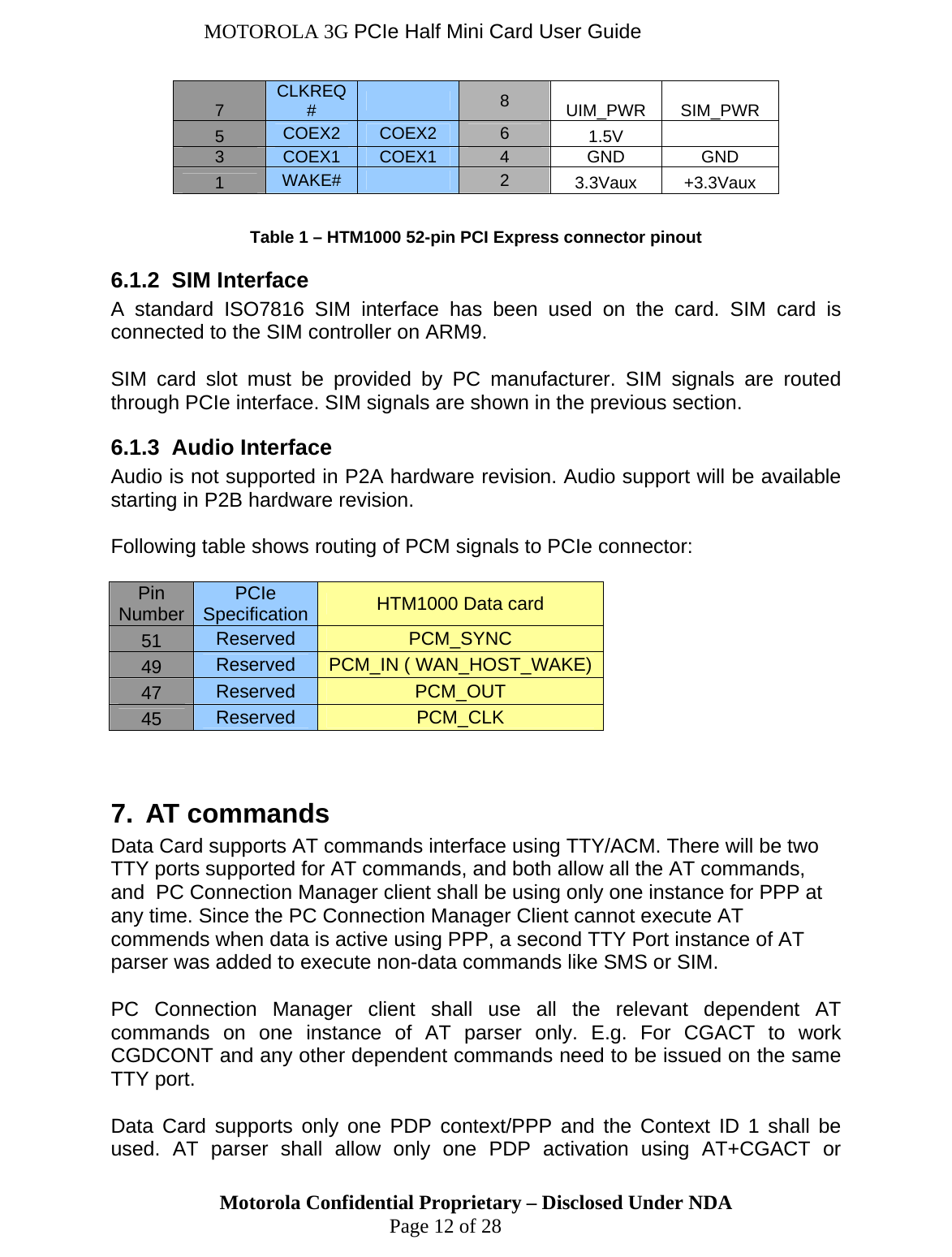 MOTOROLA 3G PCIe Half Mini Card User Guide 7  CLKREQ#     8  UIM_PWR SIM_PWR 5  COEX2  COEX2  6  1.5V   3  COEX1  COEX1  4 GND GND 1  WAKE#     2  3.3Vaux +3.3Vaux  Table 1 – HTM1000 52-pin PCI Express connector pinout 6.1.2  SIM Interface A standard ISO7816 SIM interface has been used on the card. SIM card is connected to the SIM controller on ARM9.   SIM card slot must be provided by PC manufacturer. SIM signals are routed through PCIe interface. SIM signals are shown in the previous section.  6.1.3  Audio Interface Audio is not supported in P2A hardware revision. Audio support will be available starting in P2B hardware revision.   Following table shows routing of PCM signals to PCIe connector:  Pin Number  PCIe Specification  HTM1000 Data card 51  Reserved  PCM_SYNC 49  Reserved  PCM_IN ( WAN_HOST_WAKE) 47  Reserved  PCM_OUT 45  Reserved  PCM_CLK   7.  AT commands Data Card supports AT commands interface using TTY/ACM. There will be two TTY ports supported for AT commands, and both allow all the AT commands, and  PC Connection Manager client shall be using only one instance for PPP at any time. Since the PC Connection Manager Client cannot execute AT commends when data is active using PPP, a second TTY Port instance of AT parser was added to execute non-data commands like SMS or SIM.   PC Connection Manager client shall use all the relevant dependent AT commands on one instance of AT parser only. E.g. For CGACT to work CGDCONT and any other dependent commands need to be issued on the same TTY port.  Motorola Confidential Proprietary – Disclosed Under NDA  Page 12 of 28 Data Card supports only one PDP context/PPP and the Context ID 1 shall be used. AT parser shall allow only one PDP activation using AT+CGACT or 