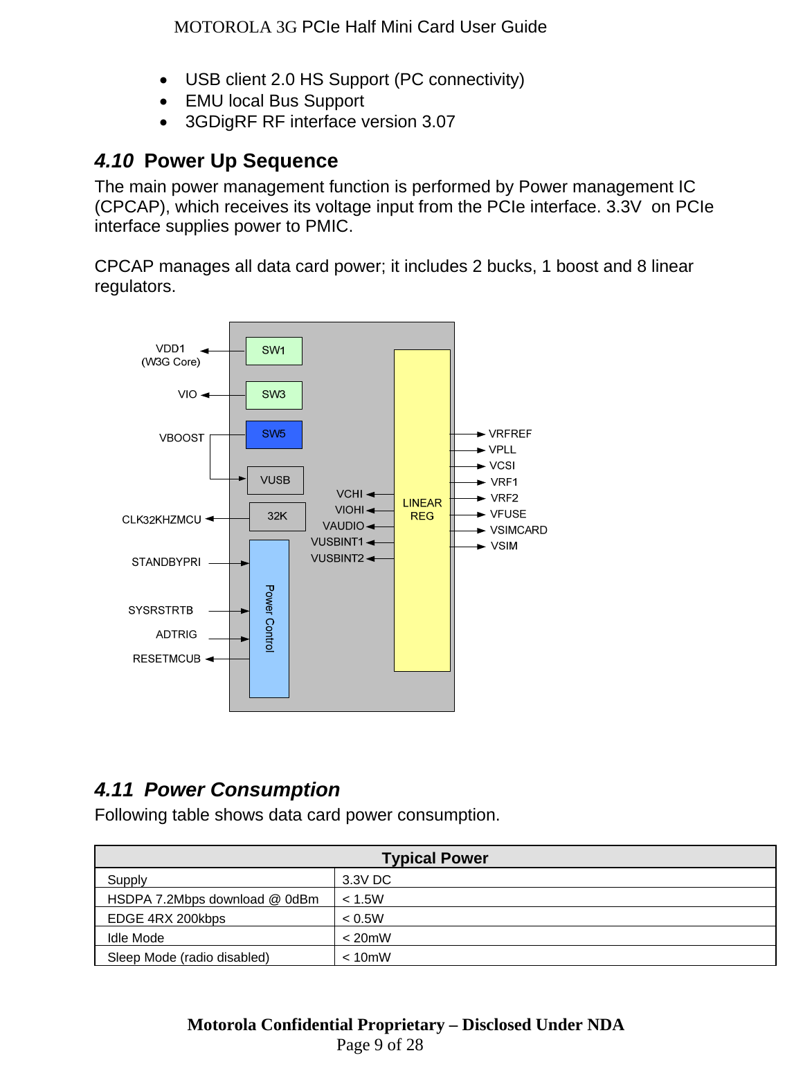 MOTOROLA 3G PCIe Half Mini Card User Guide •  USB client 2.0 HS Support (PC connectivity) •  EMU local Bus Support  •  3GDigRF RF interface version 3.07 4.10  Power Up Sequence The main power management function is performed by Power management IC (CPCAP), which receives its voltage input from the PCIe interface. 3.3V  on PCIe interface supplies power to PMIC.   CPCAP manages all data card power; it includes 2 bucks, 1 boost and 8 linear regulators.        4.11  Power Consumption Following table shows data card power consumption.  Typical Power Supply 3.3V DC HSDPA 7.2Mbps download @ 0dBm  &lt; 1.5W EDGE 4RX 200kbps  &lt; 0.5W Idle Mode  &lt; 20mW Sleep Mode (radio disabled)  &lt; 10mW Motorola Confidential Proprietary – Disclosed Under NDA  Page 9 of 28  