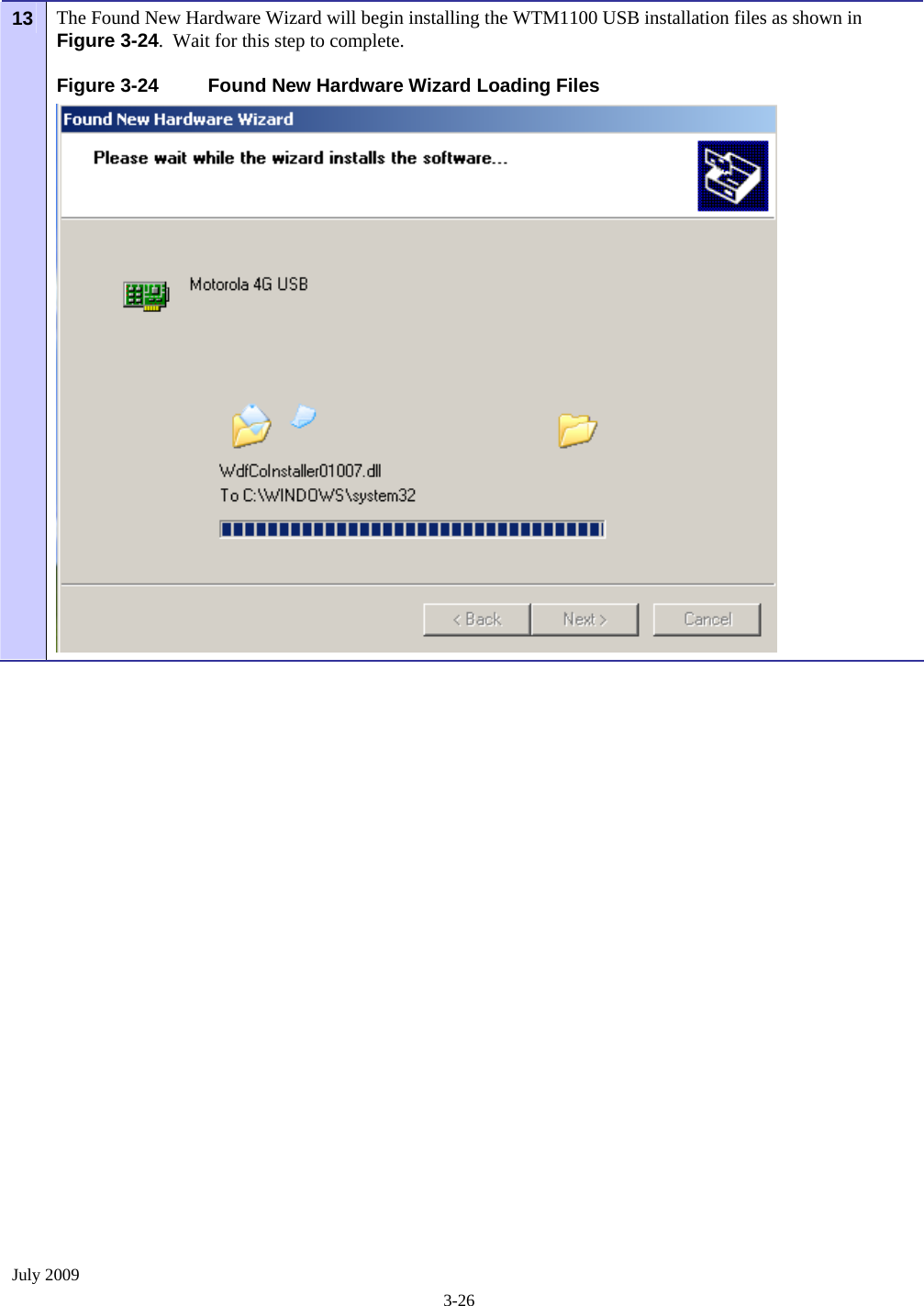  July 2009 3-26 The Found New Hardware Wizard will begin installing the WTM1100 USB installation files as shown in Figure 3-24.  Wait for this step to complete. Figure 3-24  Found New Hardware Wizard Loading Files 13  