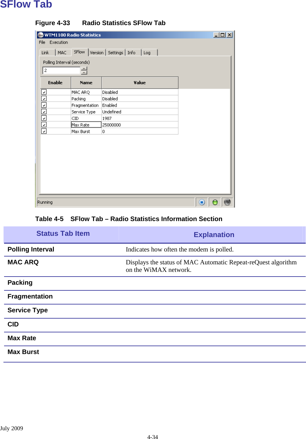  July 2009 4-34 SFlow Tab Figure 4-33  Radio Statistics SFlow Tab  Table 4-5  SFlow Tab – Radio Statistics Information Section  Status Tab Item   Explanation Indicates how often the modem is polled. Polling Interval Displays the status of MAC Automatic Repeat-reQuest algorithm on the WiMAX network.  MAC ARQ   Packing  Fragmentation   Service Type  CID  Max Rate Max Burst    