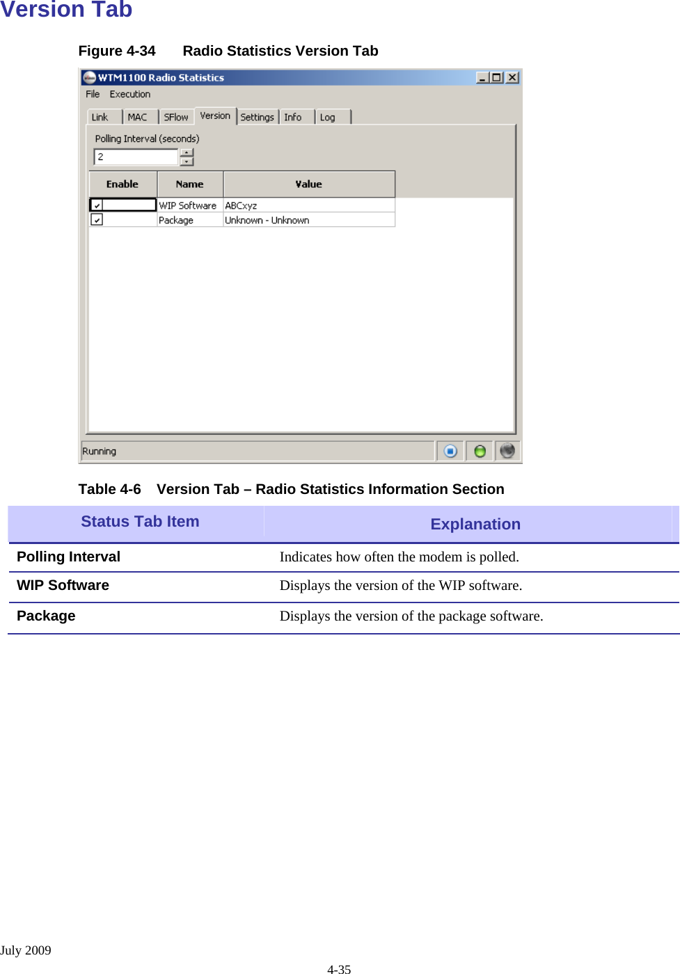  July 2009 4-35 Version Tab Figure 4-34  Radio Statistics Version Tab  Table 4-6  Version Tab – Radio Statistics Information Section  Status Tab Item   Explanation Indicates how often the modem is polled. Polling Interval Displays the version of the WIP software. WIP Software Package   Displays the version of the package software.  