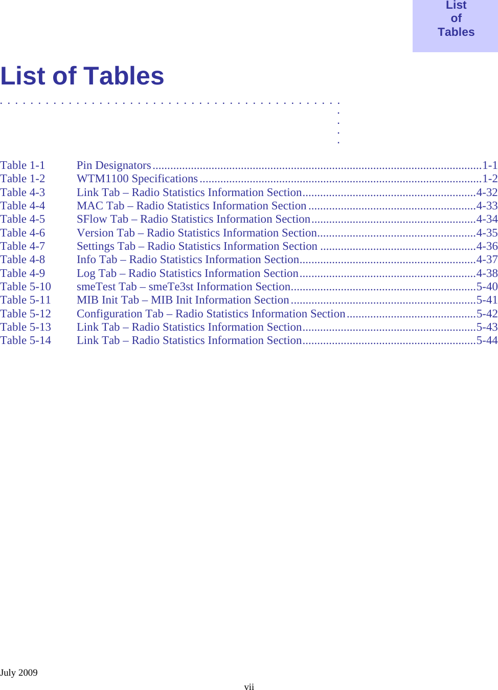  July 2009 vii   List of Tables  List of Tables .............................................  .  .  .  . Table 1-1   Pin Designators................................................................................................................1-1 Table 1-2   WTM1100 Specifications................................................................................................1-2 Table 4-3 Link Tab – Radio Statistics Information Section...........................................................4-32 Table 4-4 MAC Tab – Radio Statistics Information Section .........................................................4-33 Table 4-5 SFlow Tab – Radio Statistics Information Section........................................................4-34 Table 4-6 Version Tab – Radio Statistics Information Section......................................................4-35 Table 4-7 Settings Tab – Radio Statistics Information Section .....................................................4-36 Table 4-8 Info Tab – Radio Statistics Information Section............................................................4-37 Table 4-9 Log Tab – Radio Statistics Information Section............................................................4-38 Table 5-10 smeTest Tab – smeTe3st Information Section...............................................................5-40 Table 5-11 MIB Init Tab – MIB Init Information Section...............................................................5-41 Table 5-12 Configuration Tab – Radio Statistics Information Section............................................5-42 Table 5-13 Link Tab – Radio Statistics Information Section...........................................................5-43 Table 5-14 Link Tab – Radio Statistics Information Section...........................................................5-44  