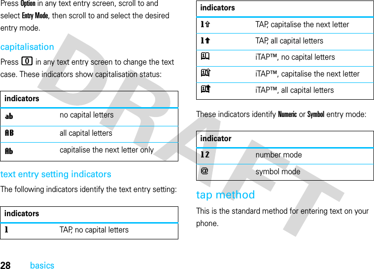 28basicsPress Option in any text entry screen, scroll to and select Entry Mode, then scroll to and select the desired entry mode.capitalisationPress 0 in any text entry screen to change the text case. These indicators show capitalisation status:text entry setting indicatorsThe following indicators identify the text entry setting:These indicators identify Numeric or Symbol entry mode:tap methodThis is the standard method for entering text on your phone.indicatorsíno capital lettersLall capital lettersìcapitalise the next letter onlyindicatorsgTAP, no capital lettershTAP, capitalise the next letterfTAP, all capital lettersjiTAP™, no capital letterskiTAP™, capitalise the next letteriiTAP™, all capital lettersindicatorgmnumber mode[symbol modeindicators