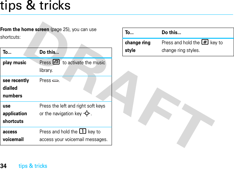 34tips &amp; trickstips &amp; tricksFrom the home screen (page 25), you can use shortcuts:To... Do this...play musicPress [ to activate the music library.see recently dialled numbersPress .use application shortcutsPress the left and right soft keys or the navigation keyS.access voicemailPress and hold the 1 key to access your voicemail messages.change ring stylePress and hold the # key to change ring styles.To... Do this...