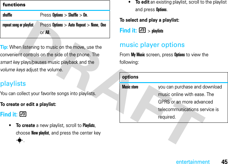 45entertainmentTip: When listening to music on the move, use the convenient controls on the side of the phone. The smart key plays/pauses music playback and the volume keys adjust the volume.playlistsYou can collect your favorite songs into playlists.To create or edit a playlist:Find it: [ •To create a new playlist, scroll to Playlists, choose New playlist, and press the center key s.•To edit an existing playlist, scroll to the playlist and press Options.To select and play a playlist:Find it: [ &gt; playlistsmusic player optionsFrom My Music screen, press Options to view the following:shufflePress Options &gt; Shuffle &gt; On.repeat song or playlistPress Options &gt;Auto Repeat &gt; None, One or All.functionsoptionsMusic storeyou can purchase and download music online with ease. The GPRS or an more advanced telecommunications service is required.